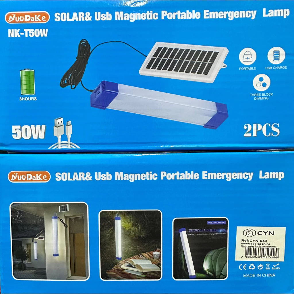 Kit Lâmpada Barra Recarregavel + Placa de Energia Solar Luminária de Emergência Multifuncionais 50W Kit Lâmpada Barra Recarregavel + Placa de Energia Solar Luminária de Emergência Multifuncionais 50W